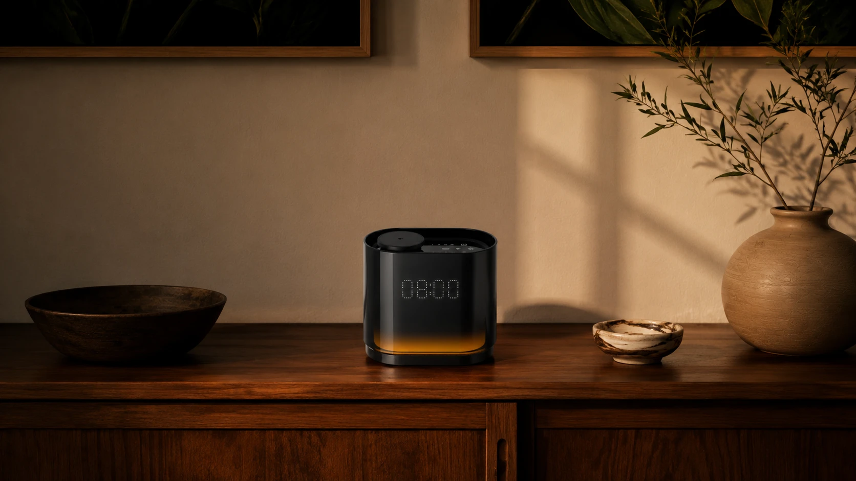 The Quint clock diffuser glowing 08:00 on a wooden sideboard