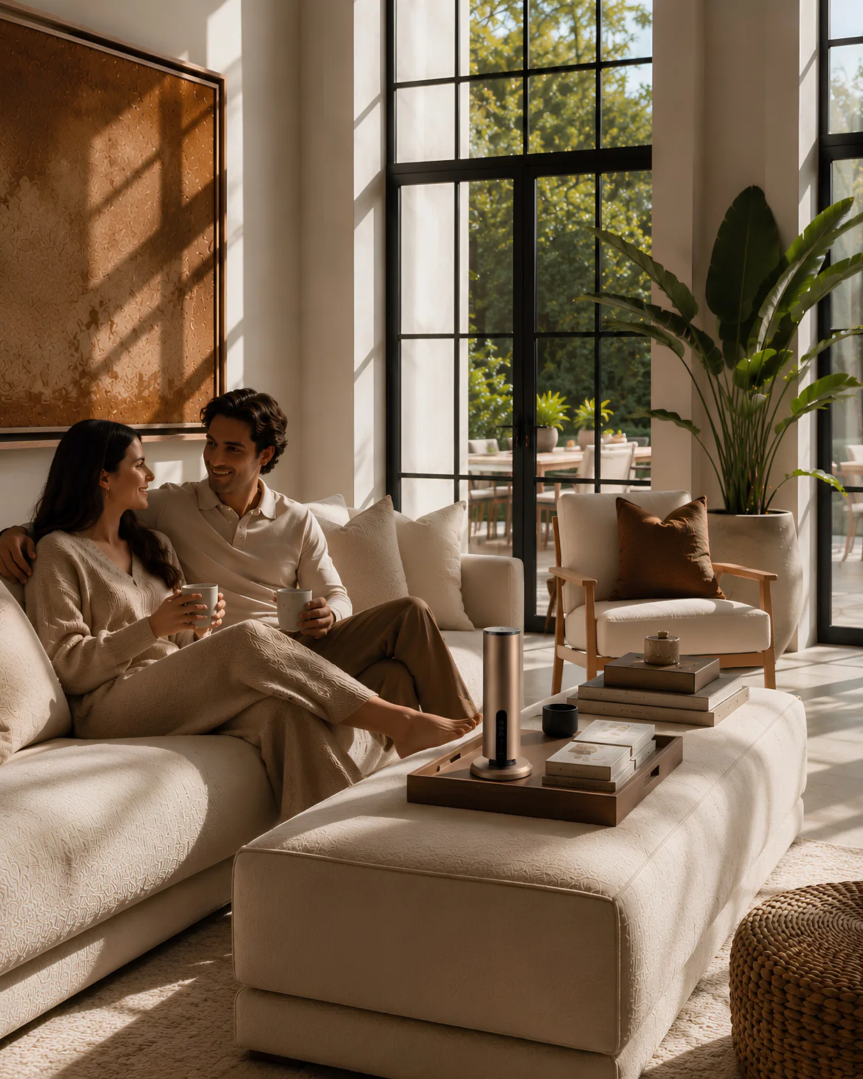 A couple relaxing on a sunlit sofa with a Quint tower diffuser on the table