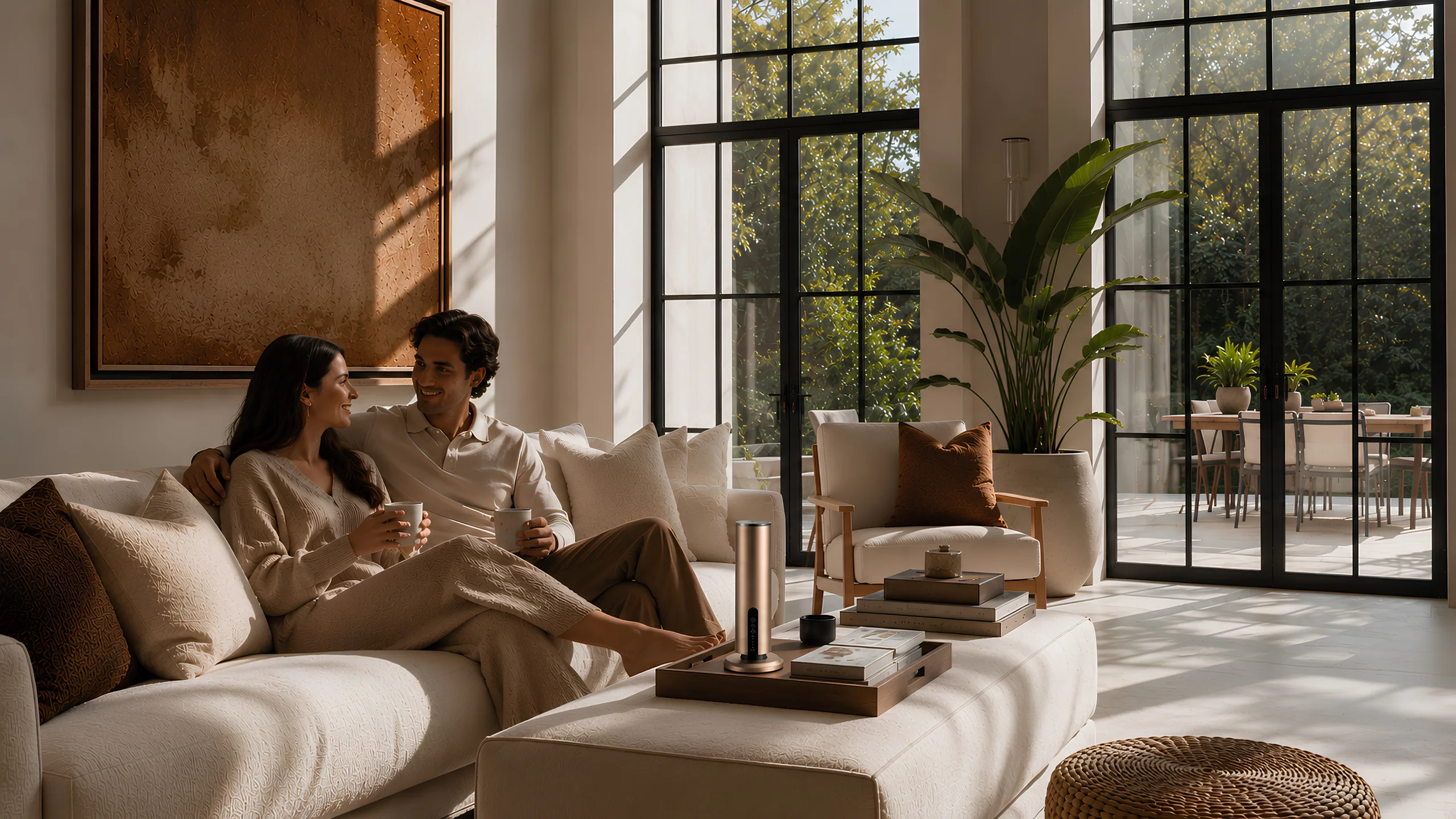 A couple relaxing on a sunlit sofa with a Quint tower diffuser on the table