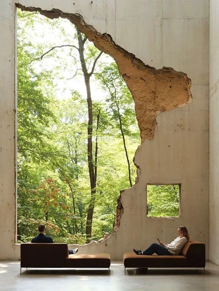 A concrete room opened to a forest